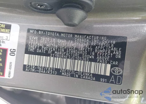 2018 Toyota Corolla Le из США, поврежденный, VIN 2T1BURHE3JC105365